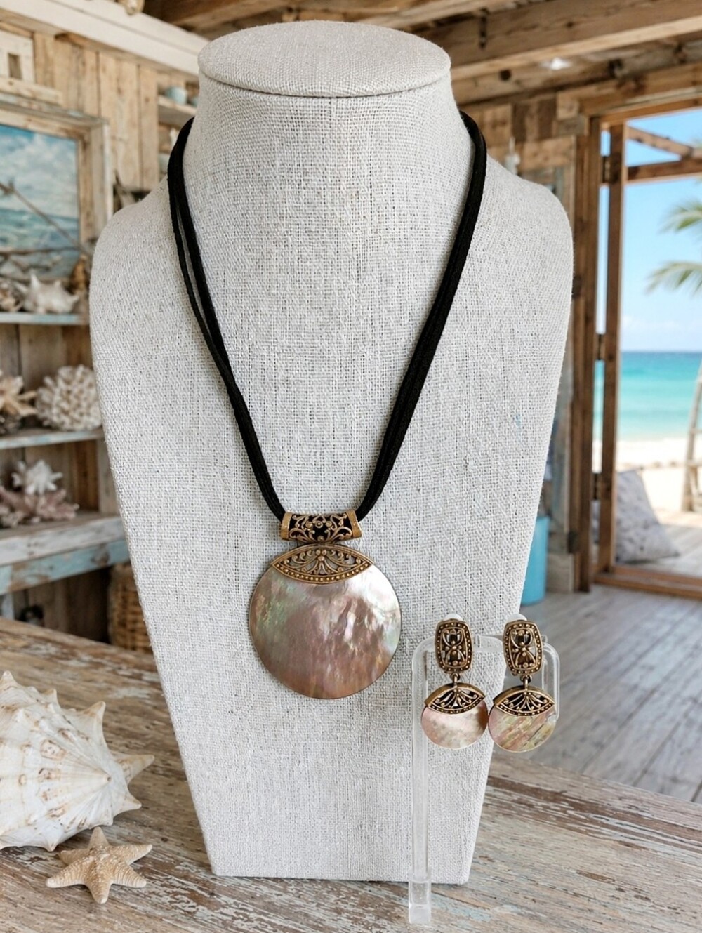 Iridescent Natural Shell Abalone Coldwater Creek Necklace & Clip Earrings Set